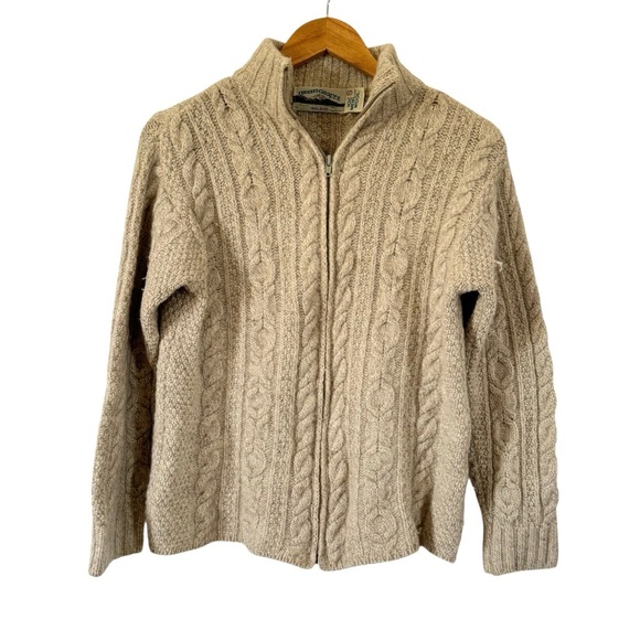 Aran Crafts Merino Wool Sweater Cable Knit Fishermans Zip Cardigan Womens Small - Picture 1 of 8